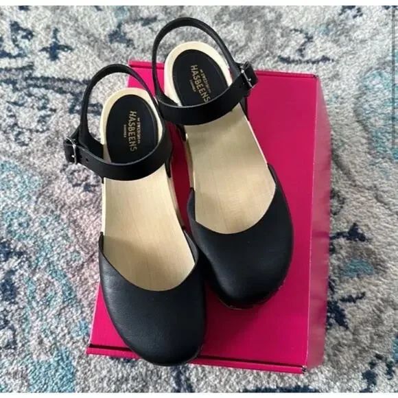 New $248 Womens 8 Covered Swedish Hasbeens Matte Black Clogs Mules Low 2” Heel - Picture 6 of 13